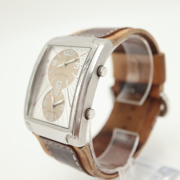 Kenneth Cole Reaction Mens Dual Time Multi Dial Tank Watch 38mm Leather Strap - Picture 9 of 16